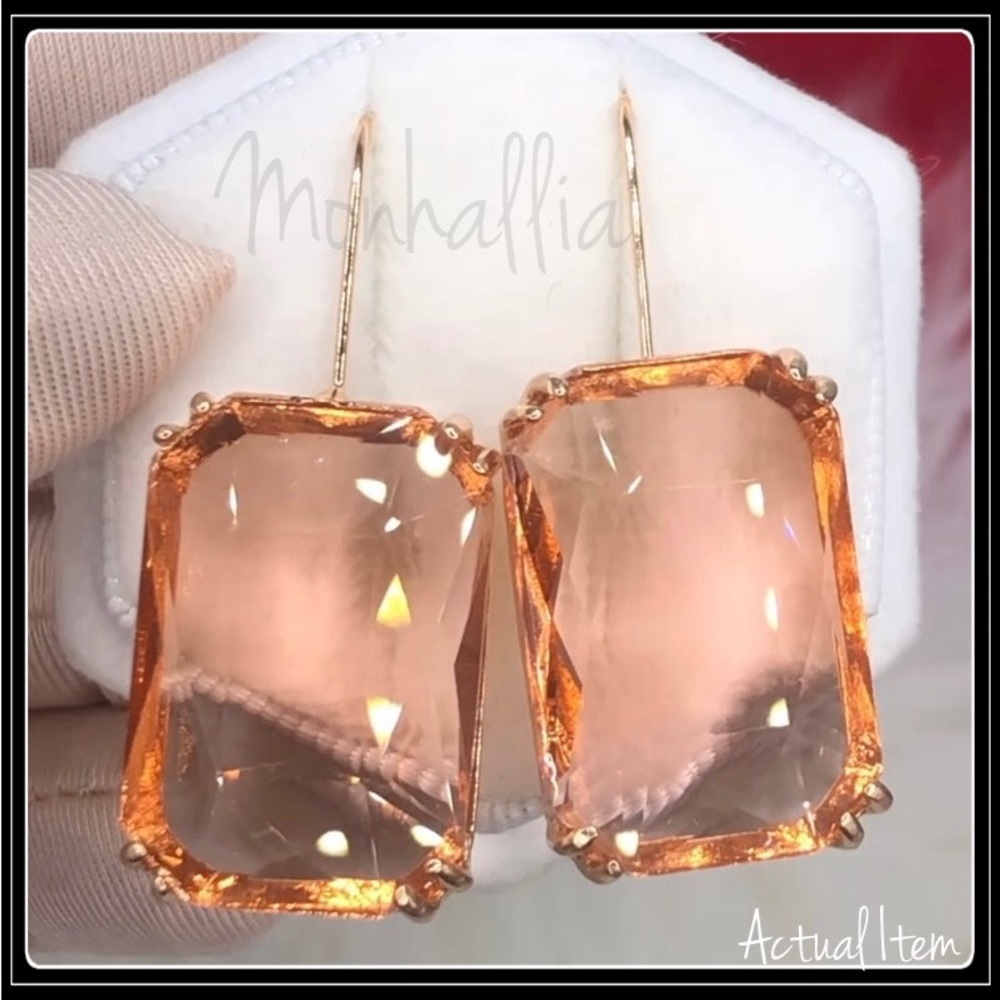NEW GOLD MEGA EMERALD CUT SIMULATED PEACH SHERBET BLUSH TOPAZ CUSHION EARRINGS